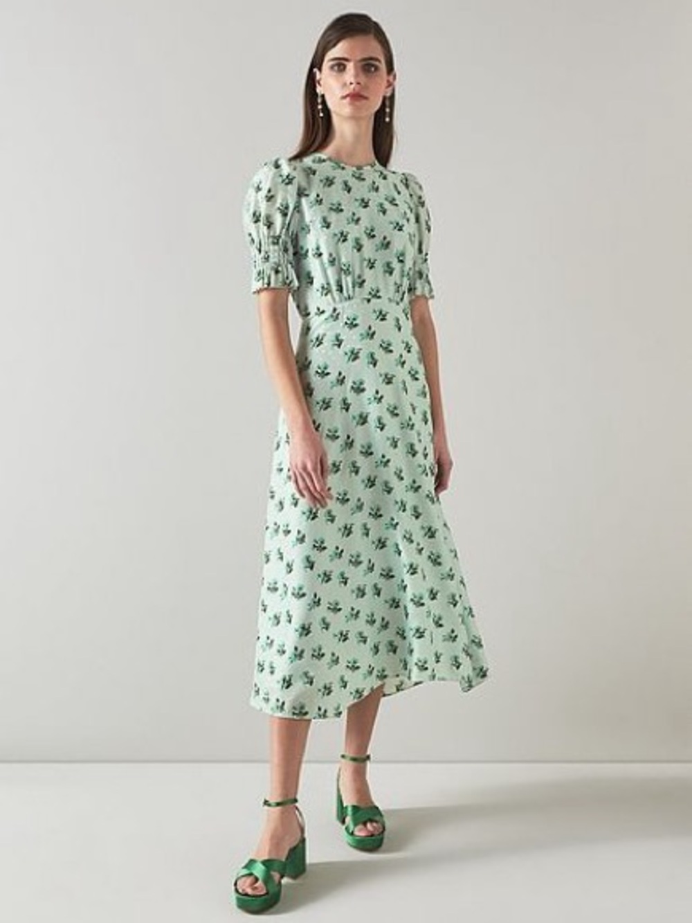NWT LK Bennett Tabitha Mint Green Floral Puff-Sleeve Midi Dress